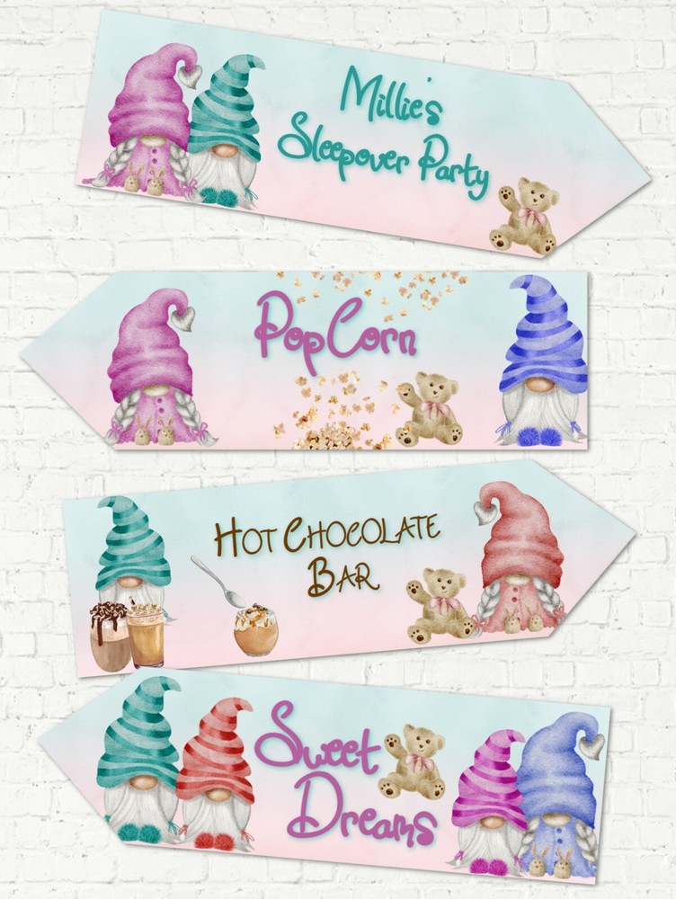 4 Personalised Gnome Sleepover Slumber Party Decoration Arrows