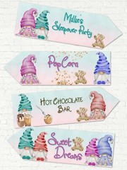 4 Personalised Gnome Sleepover Slumber Party Decoration Arrows