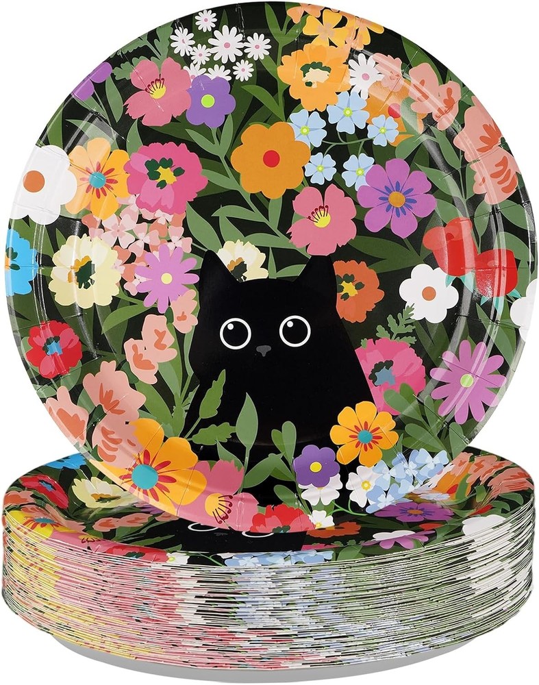 50 Pcs Spring Flower Cat Party Decorations 10″ Floral Cat Paper Plates