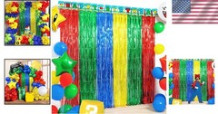 Super Bros Birthday Party Decor Foil Fringe Curtains Streamers Photo Backdrop…