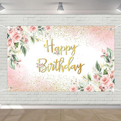 Rose Gold Birthday Backdrop for Women Pink Floral Golden Flash Happy Birthday Pa