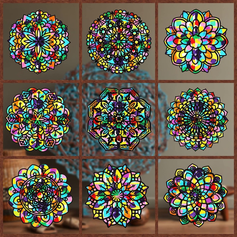 Tinlade 18 Pack Colorful Mandala Window Clings DIY Kit 6 x 6 inches,