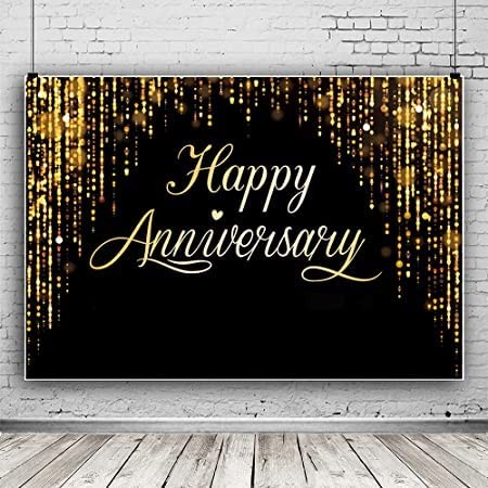 Happy Anniversary Backdrop Party Decorations, Black Gold Glitter Bokeh Dots W…