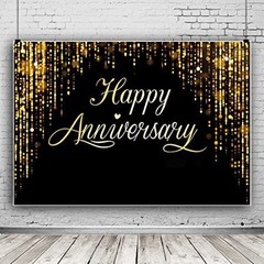 Happy Anniversary Backdrop Party Decorations, Black Gold Glitter Bokeh Dots W…
