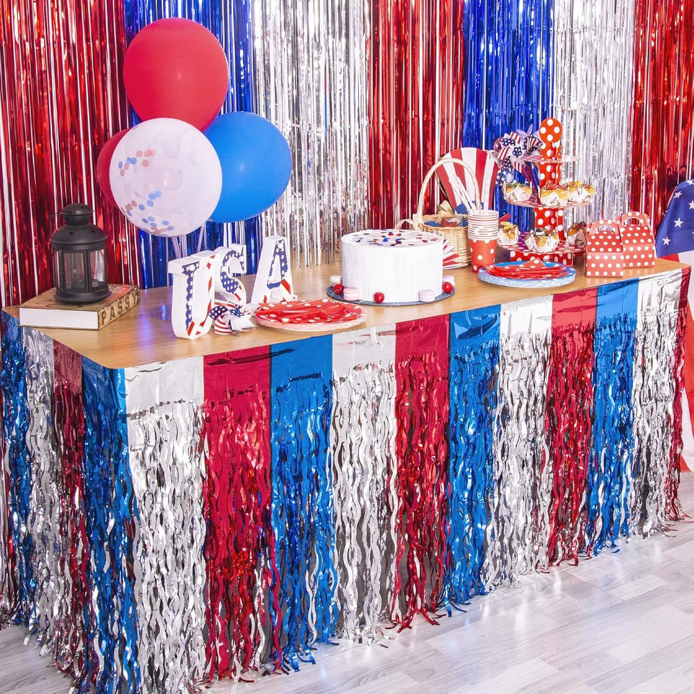 4Th of July Decorations, 2 Pack Red White and Blue Wavy Tinsel Foil Fringe Table
