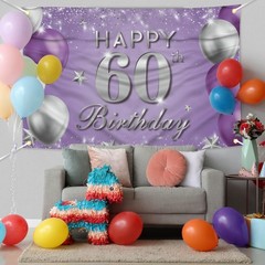 Happy 60th Birthday Banner, Purple Silver 60th Birthday Party Decorations for…