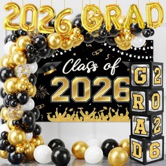 2026 Graduation Decorations – 123pcs Black Gold Balloon Arch Kit & Backdrop Supp