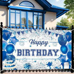 Blue Birthday Party Decorations Large Blue and White Birthday Banner for Men