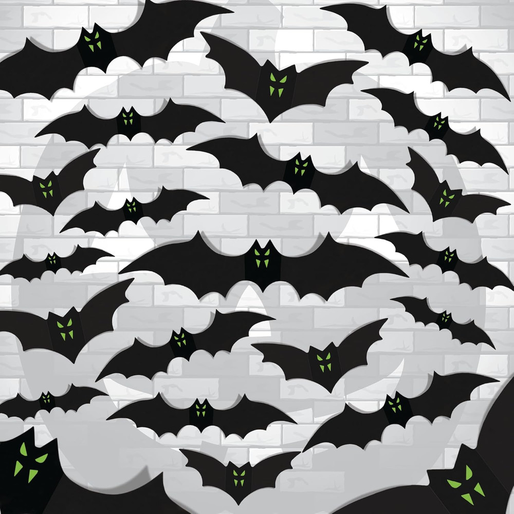 100pc 3D Halloween Bat Wall Decor Glow in Dark Fangs Indoor Outdoor Party