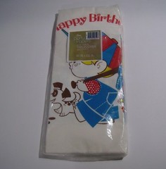 Vintage MID CENTURY Happy Birthday Party Paper Tablecloth, Boy Baseball Puppy