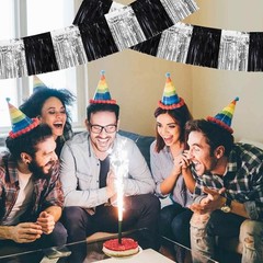 Metallic Foil Fringe Garland 3 Pack 30 Feet Black Silver Party Decor