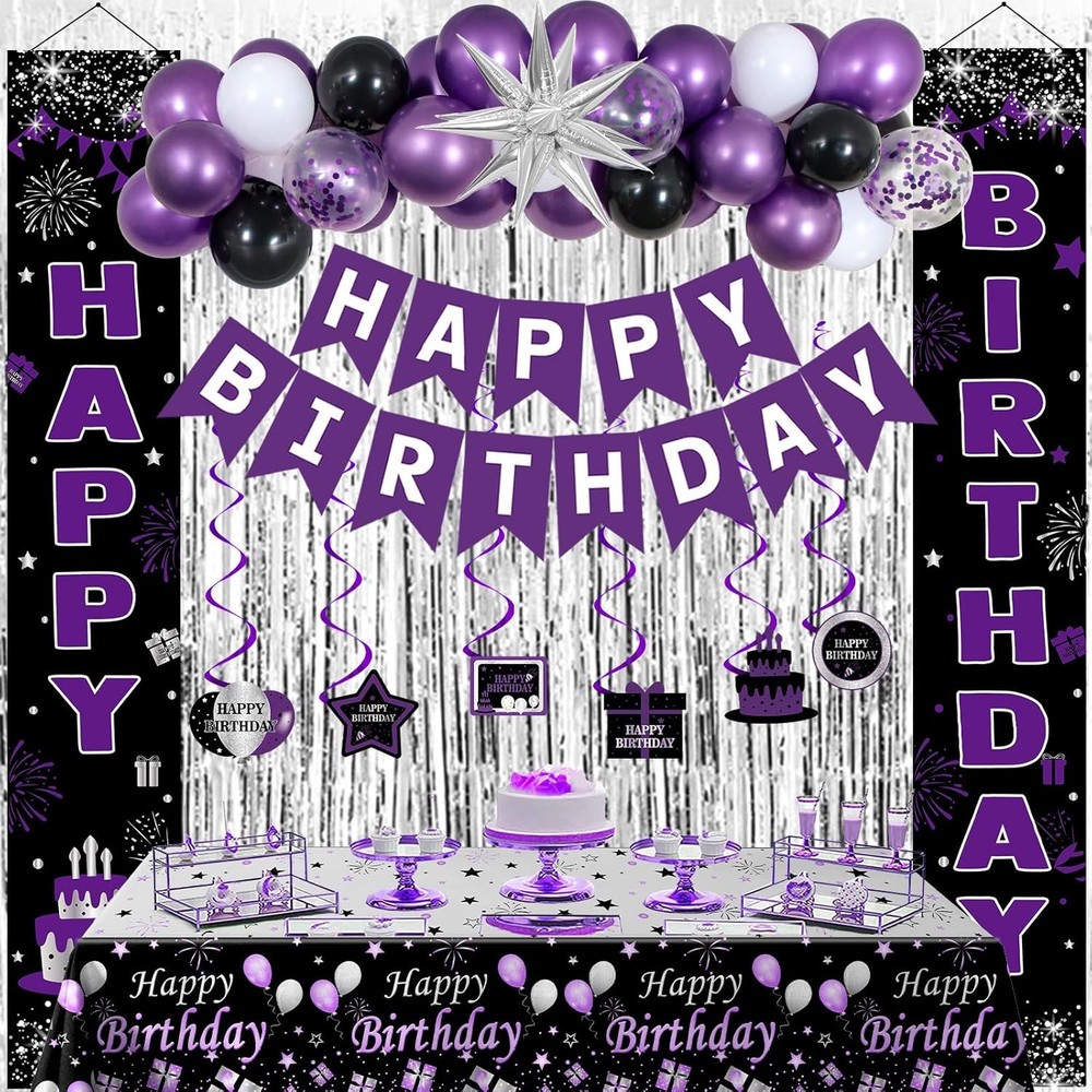 Black and Purple Birthday Decorations for Women Girls, Happy Birthday