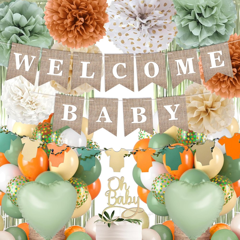 Orange Green Baby Shower Decorations-Welcome Banner Sage Green Sand White Con…