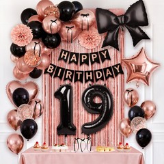 19th Decorations for Girls , Rose Gold & Black Bow Coquette Happy 19th Party …