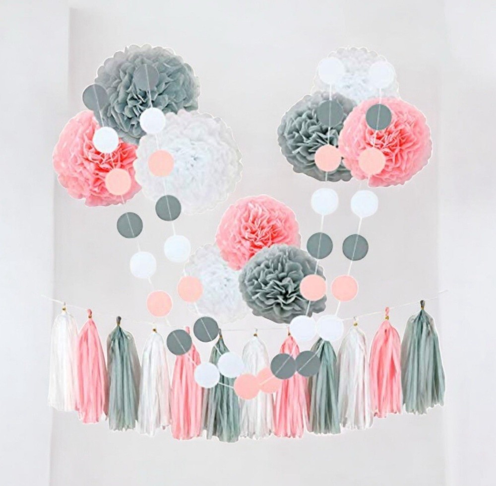 25 Piece Pink White Gray Paper Pompoms Decoration Party Kit Birthday Baby New