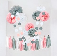 25 Piece Pink White Gray Paper Pompoms Decoration Party Kit Birthday Baby New