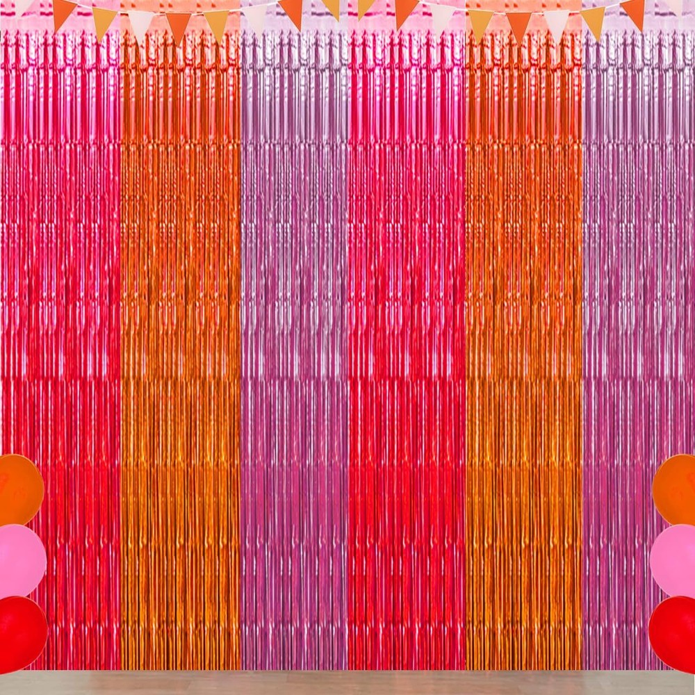 Pink Orange Party Decorations, Hot Pink Orange Pink Foil Fringe Backdrop Curt…