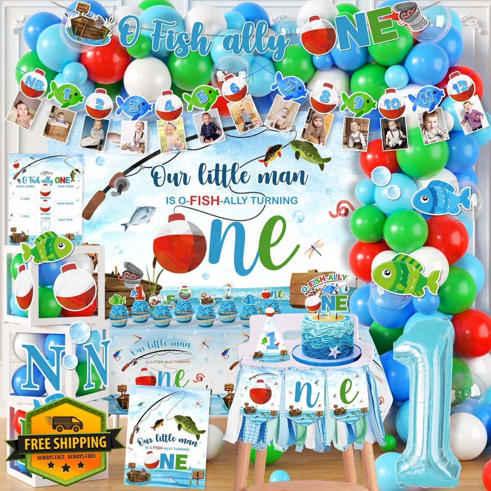 Ofishally One 1st Birthday Decorations: 161pcs Fishing Theme, Banner, Balloons