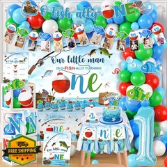 Ofishally One 1st Birthday Decorations: 161pcs Fishing Theme, Banner, Balloons