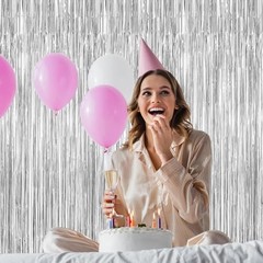 2 Pack Tinsel Backdrop, 3.28 FT x 7.05 FT Birthday Party 2 PCS Silver