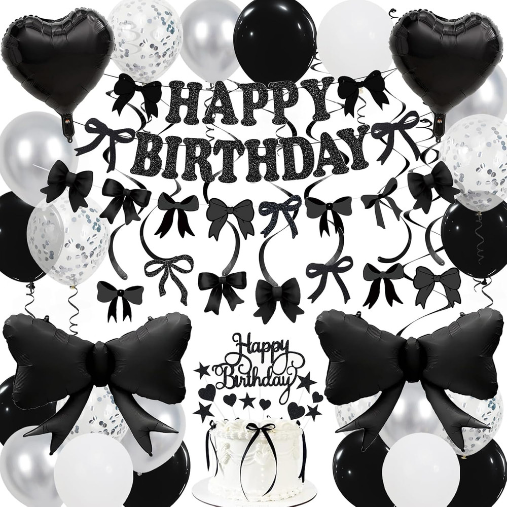 Black Bow Birthday Decorations, Happy Birthday Banner Garland and Hanging Swirls