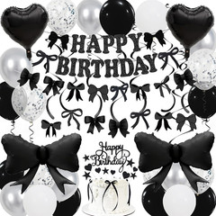 Black Bow Birthday Decorations, Happy Birthday Banner Garland and Hanging Swirls
