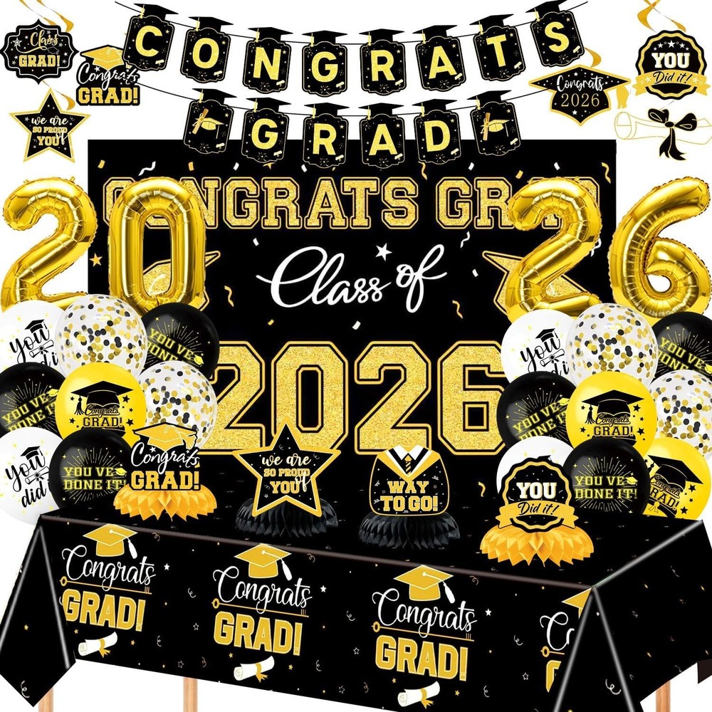 Class of 2026 Graduation Party Decor Kit Black Gold Banner Balloons Centerpieces