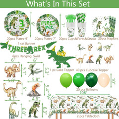 208 Pcs Dinosaur 3Rd Birthday Party Supplies, Green Dino Three Rex Birthday Deco