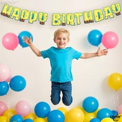, Large Happy Birthday Banner – 10 Feet | Yellow Pre Strung Cartoon Banner Si…