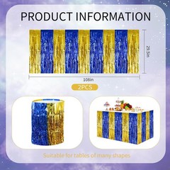 2 Pack Blue Gold Table Skirts Party Decorations Metallic Tinsel Foil Fringe