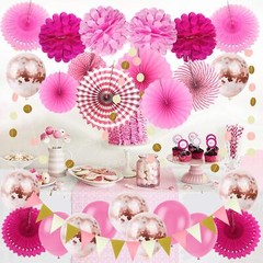 Party Hanging Paper Fans Set, Pink Confetti Balloons Decorative Folding Fans …