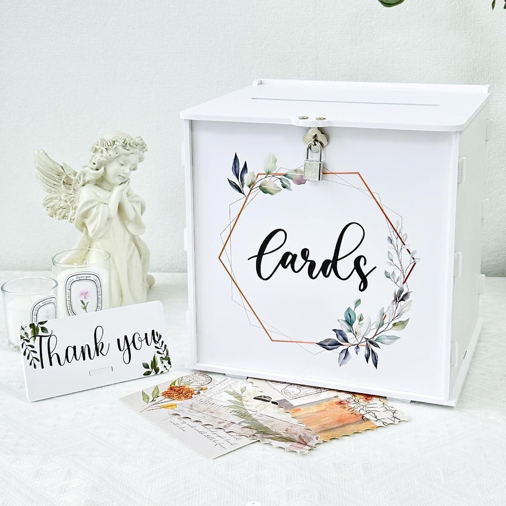 OurWarm White Wedding Card Box with Lock, PVC Gift for Silver,White