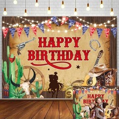 Western Cowboy Birthday Backdrop Wild West Rustic Wooden House Rodeo Boot 8x6FT