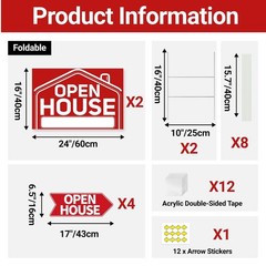 Extra Large Real Estate Open House Signs 2x 24″ Foldable & 4x 17″ Arrow
