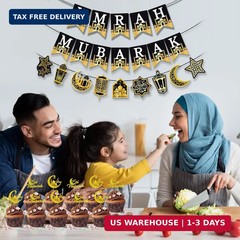 AhfuLife Umrah Mubarak Banner Set, 3 Pcs Pre-Tied EID Decor with Moon Star Garla