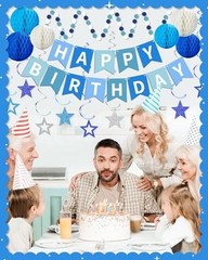 Happy Birthday Decorations, Happy Birthday Banner with Honeycomb Balls, Blue