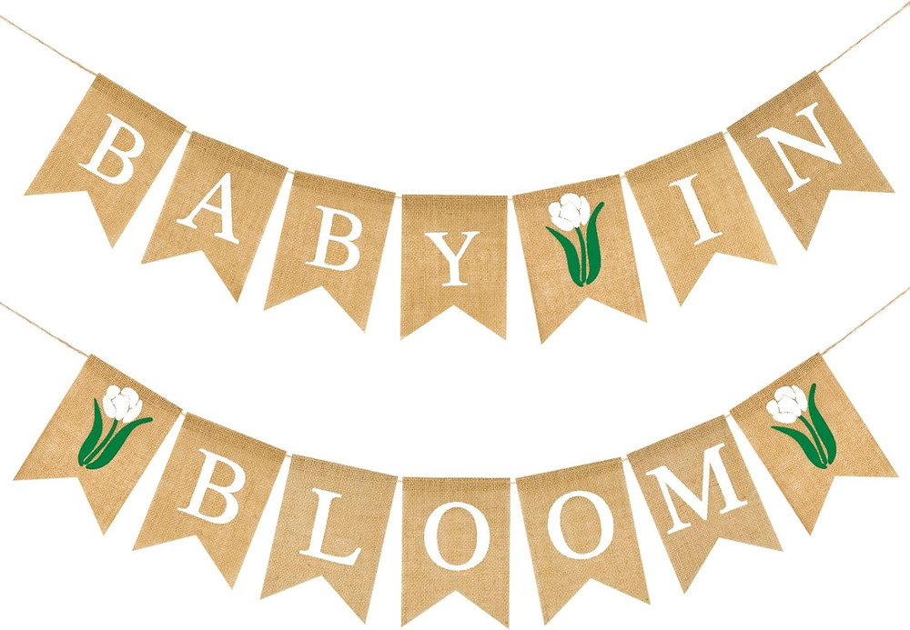Baby in Bloom Burlap Banner – Rustic Neutral Baby Shower Decoration (Rose)