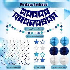 Blue Happy Birthday Decorations, Happy Birthday Banner with Honeycomb Balls