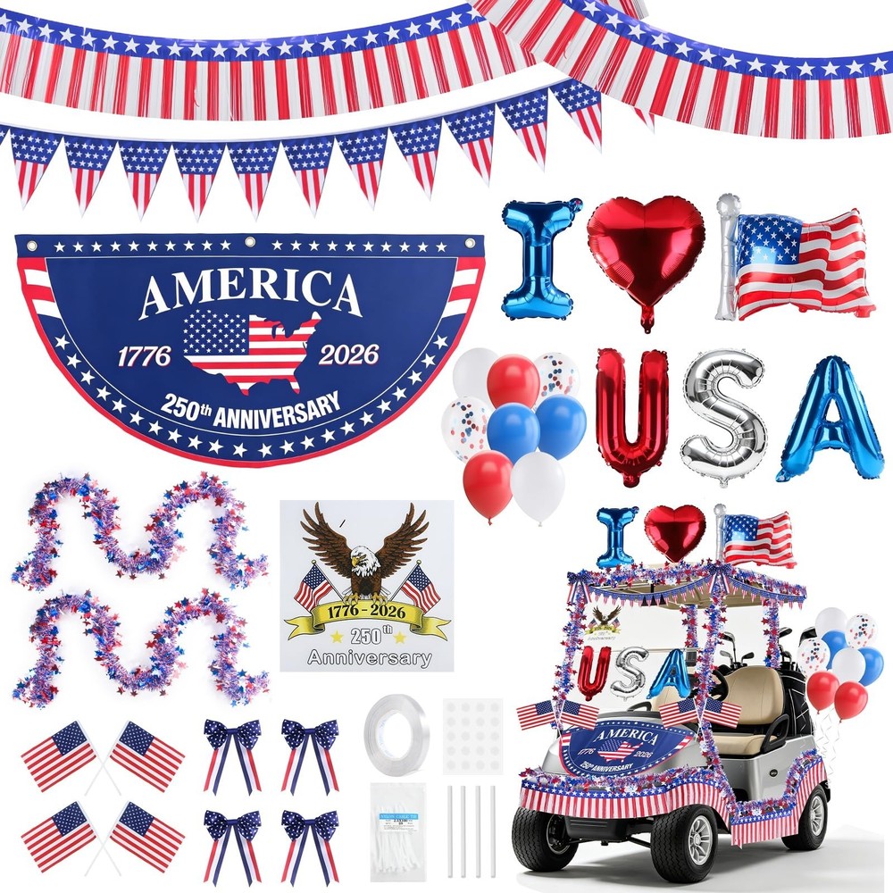 Patriotic Golf Cart Decorations Kit – 4th of July USA Balloons, Flags & Eagle St