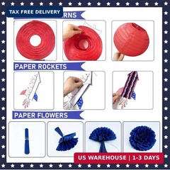 4th of July Decorations Red White Blue Paper Lanterns Flower Tissue Pom Poms Fan