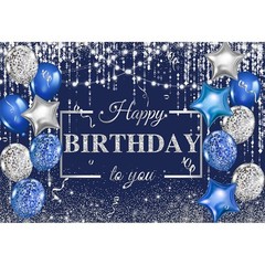 8x6ft Blue Birthday Backdrop with Silver Glitter & Balloons – Party Photo Booth