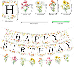 Floral Happy Birthday Banner Party Decorations Wildflower Butterfly Garland Set