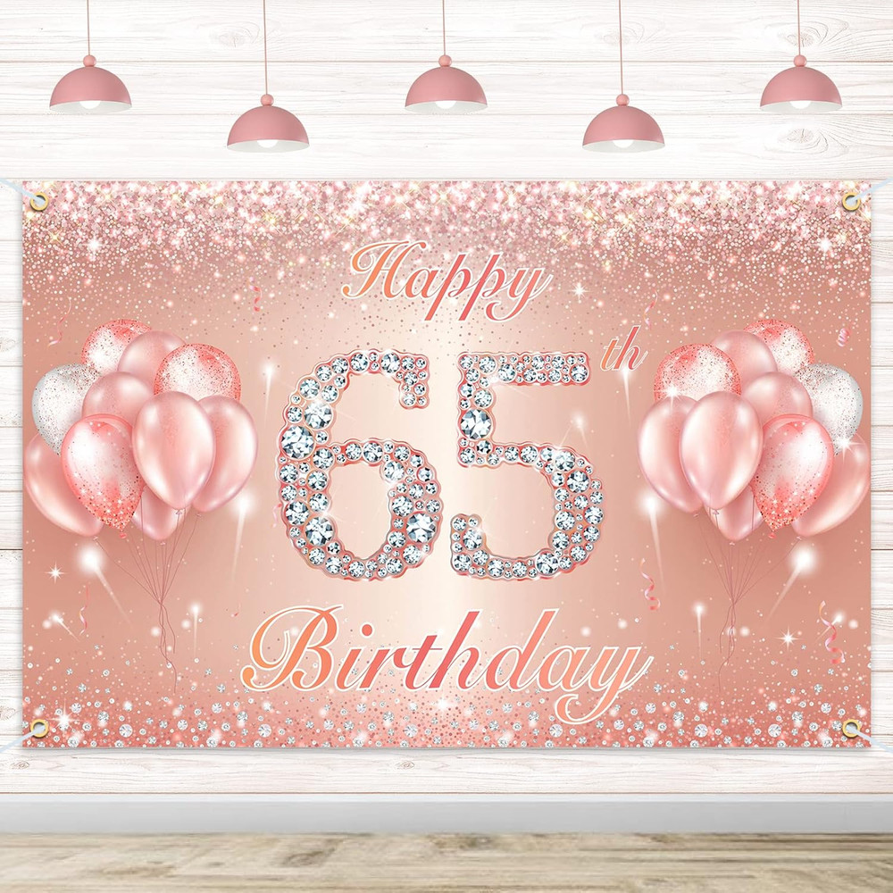 65th Birthday Banner Backdrop 4×6 ft Rose Gold Party Decoration For Men Women