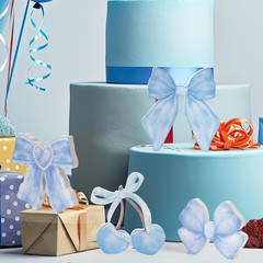 Watercolor Bow Tiered Tray Centerpieces – 4Pcs Blue Vintage Bow Cherry Wooden Ta