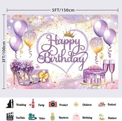 Purple Gold Happy Birthday Backdrop Banner Pink and Purple Happy Birthday Sign..