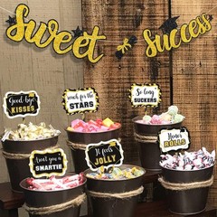 Graduation Candy Bar Labels Set – Black & Gold Dessert Buffet Decor, Sweet Succe