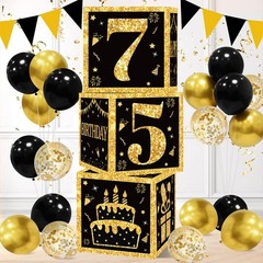 75th Birthday Decorations Boxes for Men- 3PCS Black Gold Happy 75th Birthday …