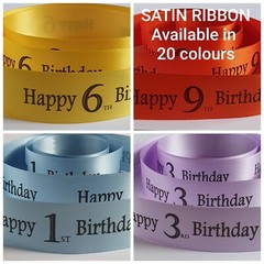 Birthday Ribbon Age 1 to 10 available in 17 colours 25mm x 1 metre cake or gift
