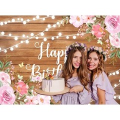 Rustic Wooden Happy Birthday Banner for Women Glitter Lights 5.9 x 3.6 ft Brown