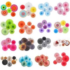 6/8pcs Mix Colour Gold Patterned Hanging Paper Fans Coloured Fan Set Party Decor